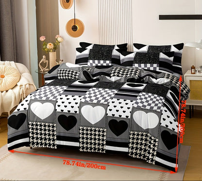 Parure de housse de couette à cœurs à carreaux noir et blanc (3 pièces)