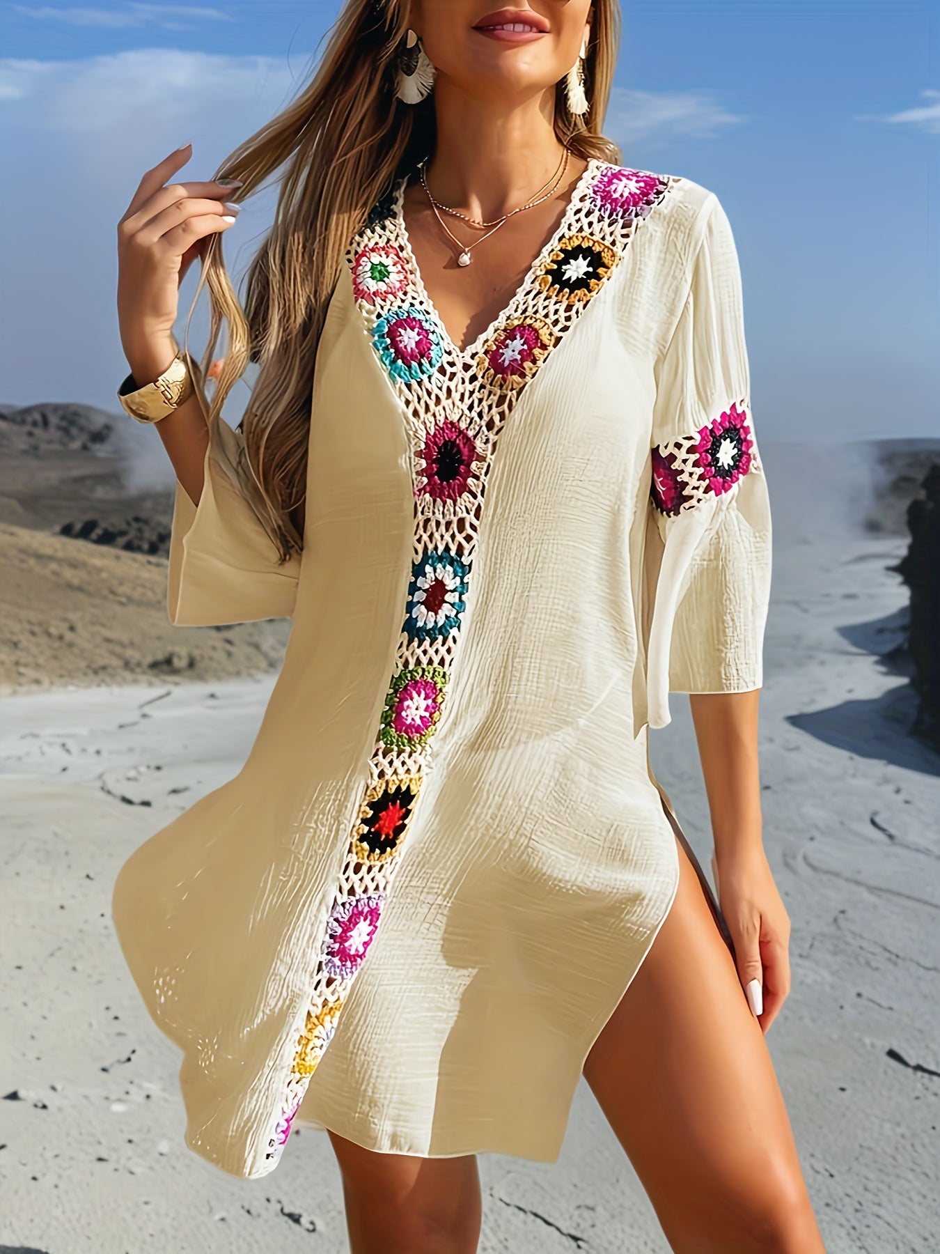 Zandra - Robe de plage pour femme à col en V, crochetée à la main