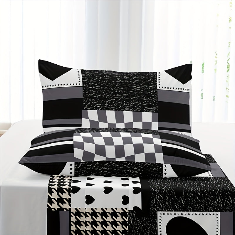 Parure de housse de couette à cœurs à carreaux noir et blanc (3 pièces)