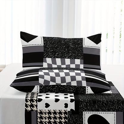 Parure de housse de couette à cœurs à carreaux noir et blanc (3 pièces)