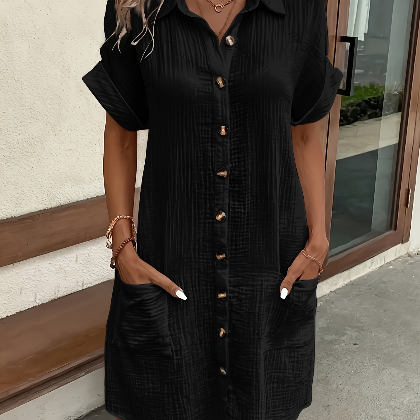 Atasha - Robe chemise unie à col à revers