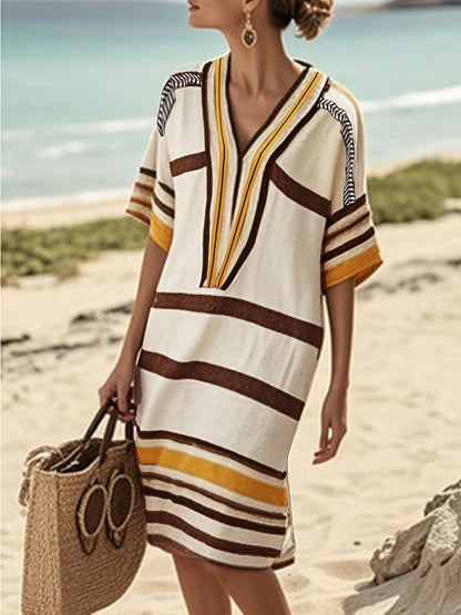 Chloé Robe d’Été Décontractée à Col V – Légère et Rayée