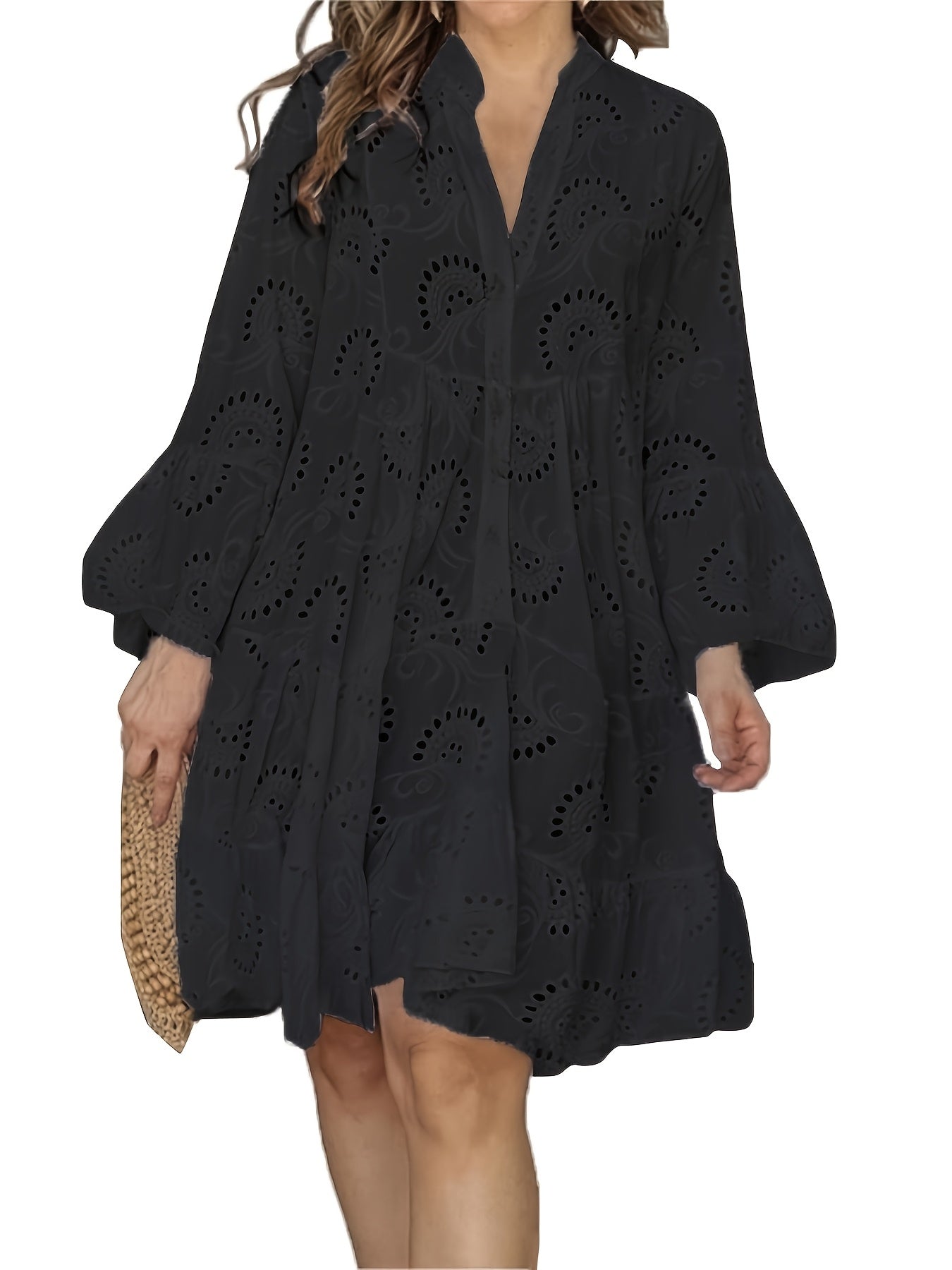 Robe chemise ample à col V pour femme, à manches évasées et patchwork