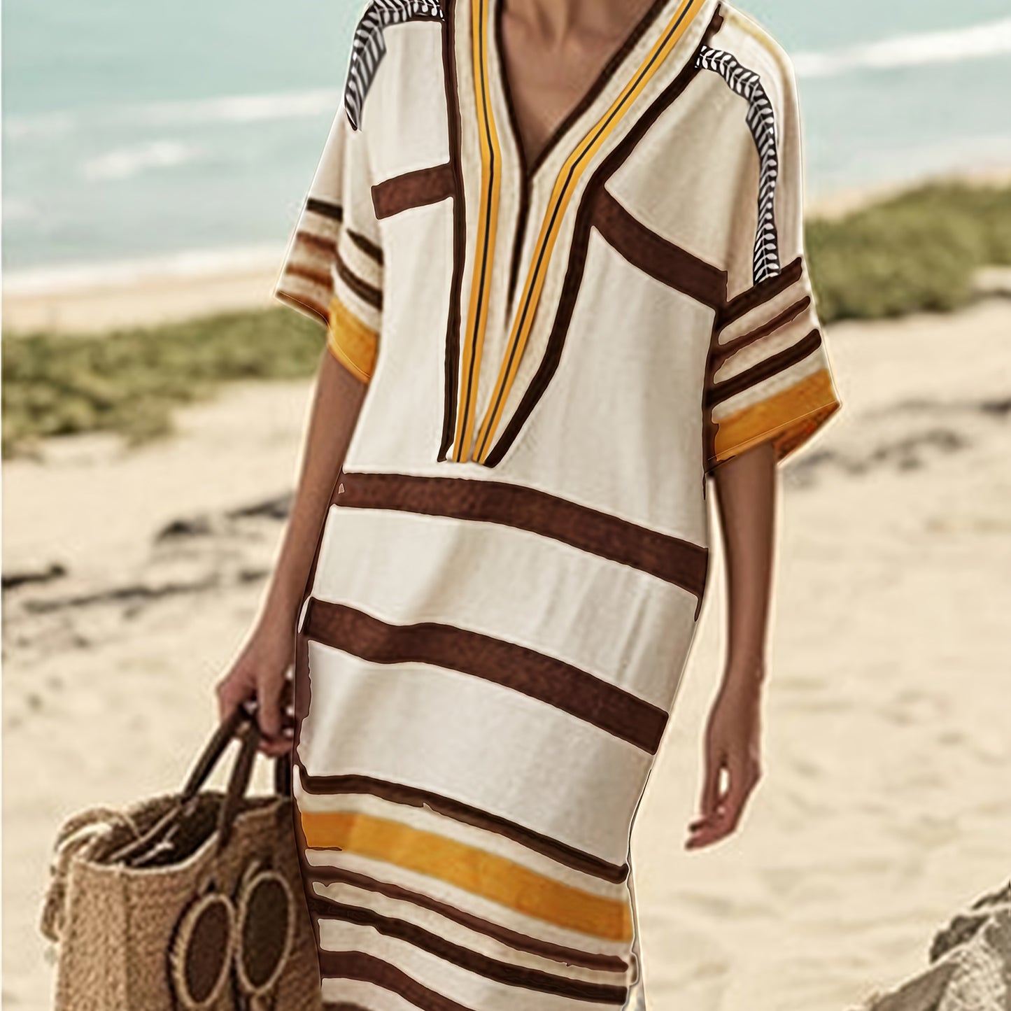 Chloé Robe d’Été Décontractée à Col V – Légère et Rayée