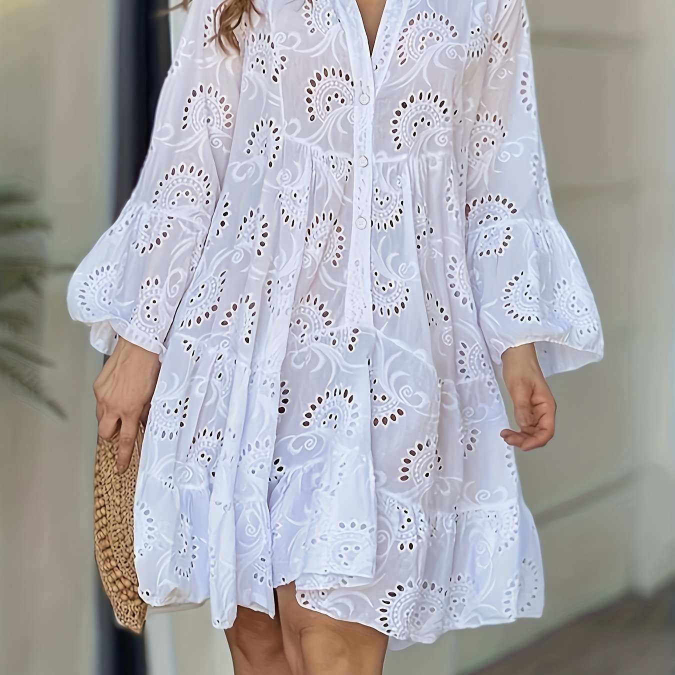 Robe chemise ample à col V pour femme, à manches évasées et patchwork