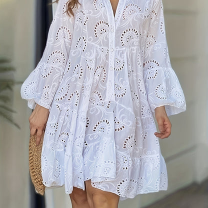 Robe chemise ample à col V pour femme, à manches évasées et patchwork