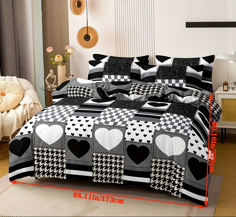 Parure de housse de couette à cœurs à carreaux noir et blanc (3 pièces)