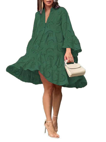 Robe chemise ample à col V pour femme, à manches évasées et patchwork