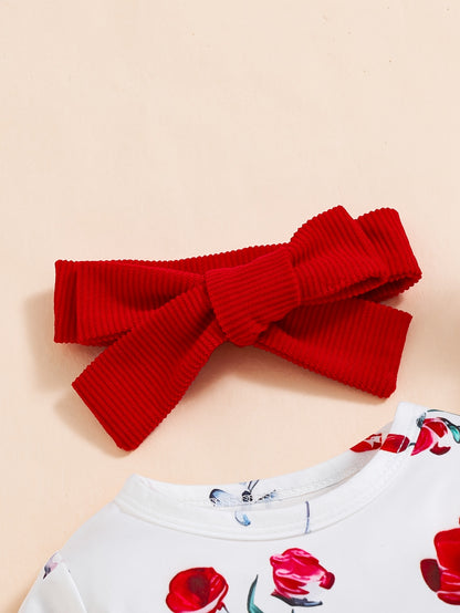 Ensemble bébé fille 3 pièces : body fleuri, salopette velours et foulard